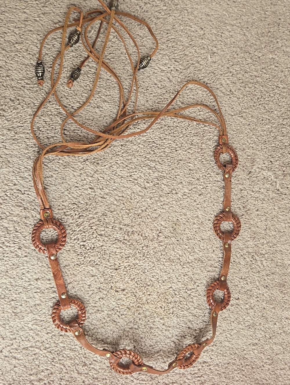 Vintage 1970's Women's Braided Ring Leather Metal Beaded Belt